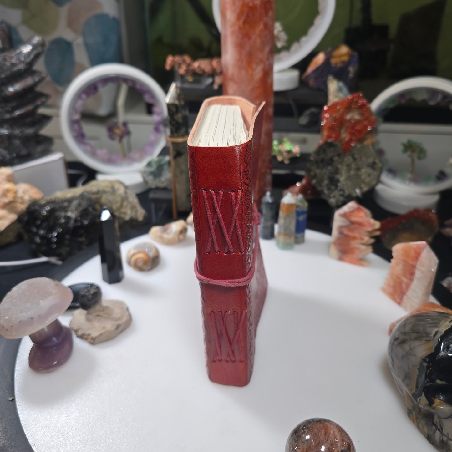 Triple Moon Embossed Leather Journal with Genuine Center Stone