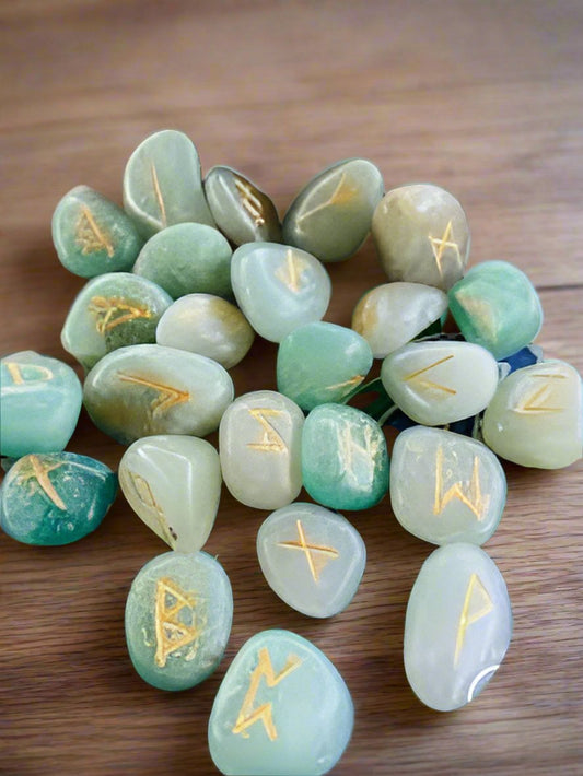 Aquamarine Rune Set – Handcrafted Divination Tool with Elder Futhark Symbols