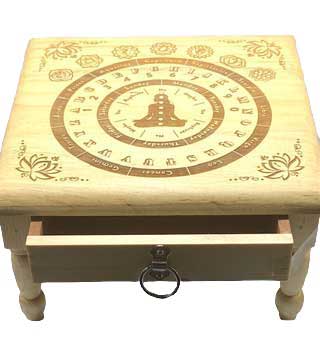 Wooden Altar Table with Engraved Dowsing Top & Built-in Storage Drawer