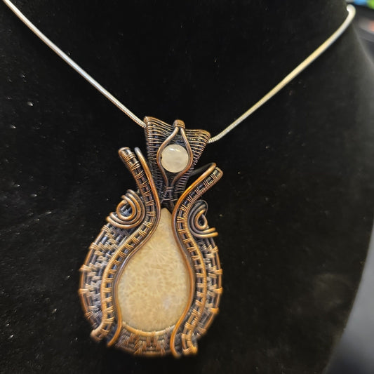 Coral Agate Fossil Wire Wrapped Pendant