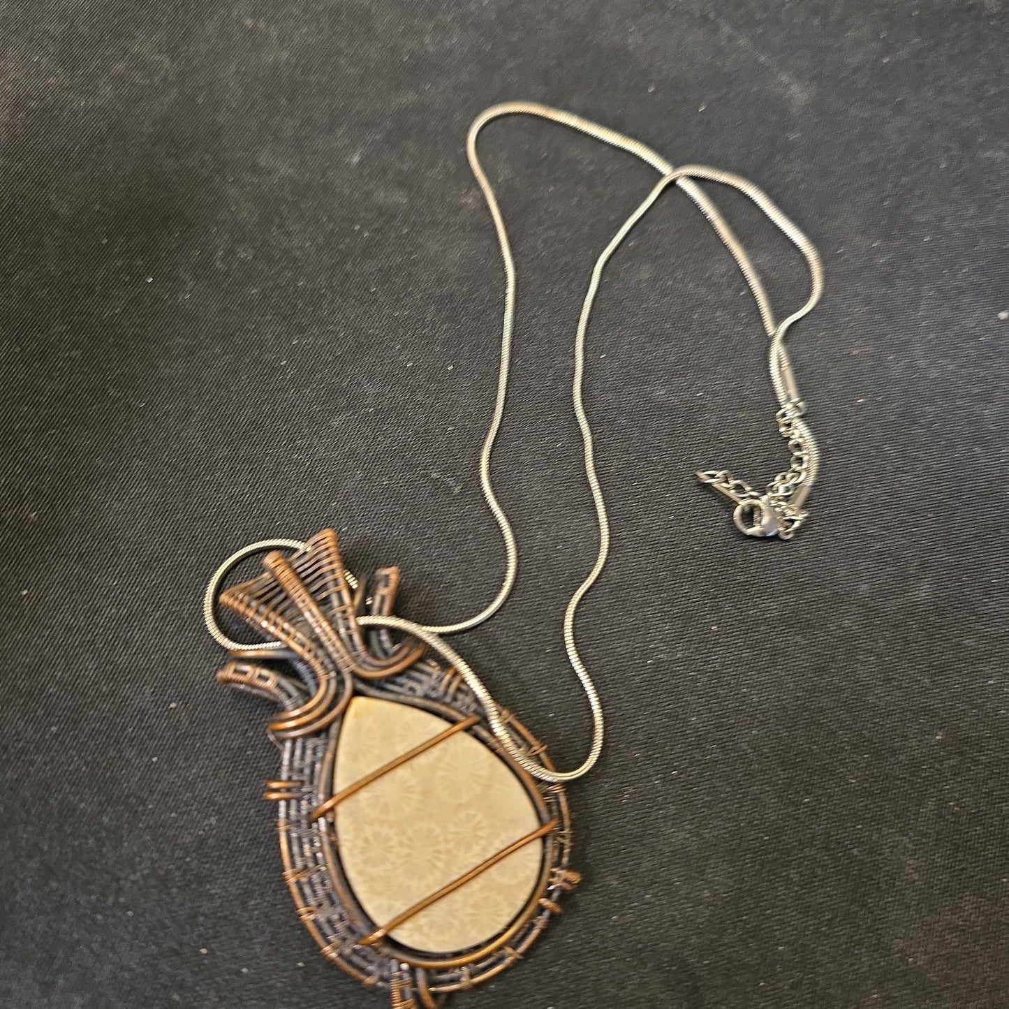 Coral Agate Fossil Wire Wrapped Pendant