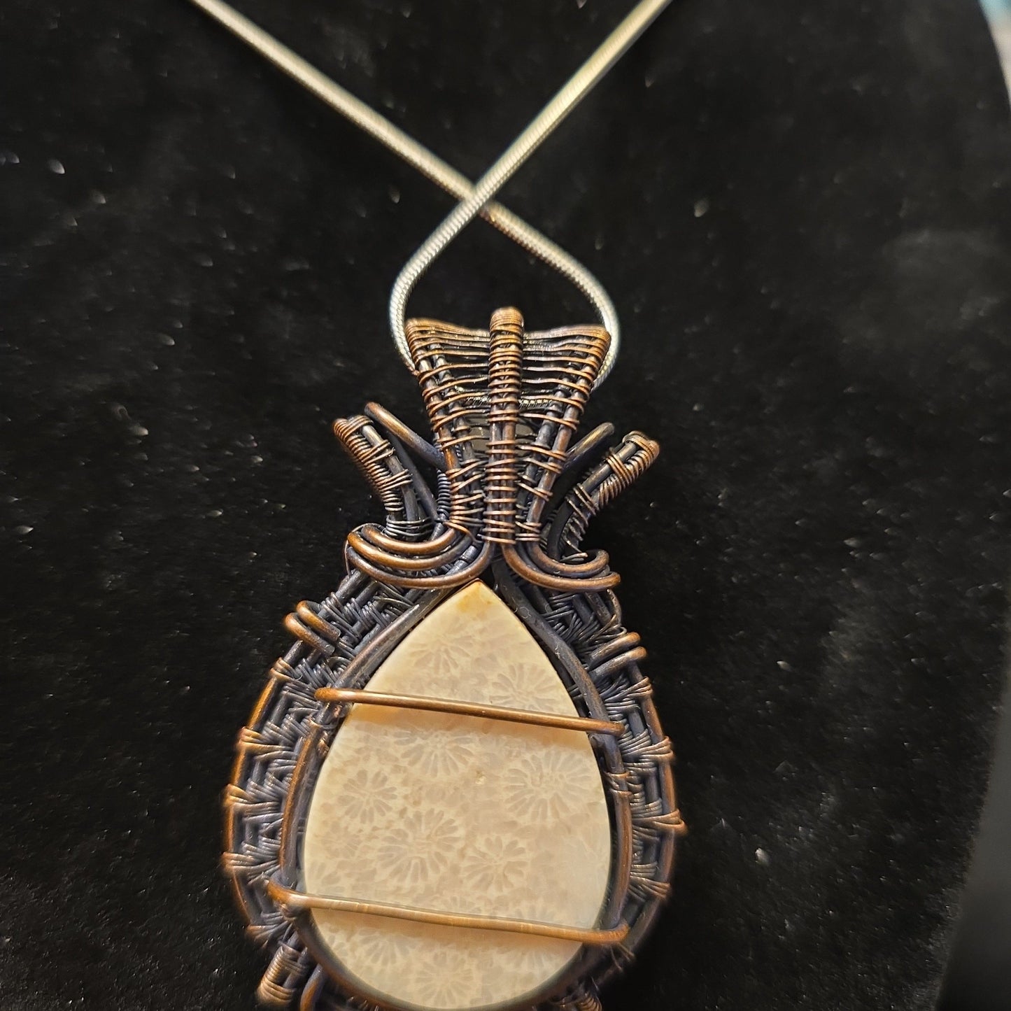 Coral Agate Fossil Wire Wrapped Pendant