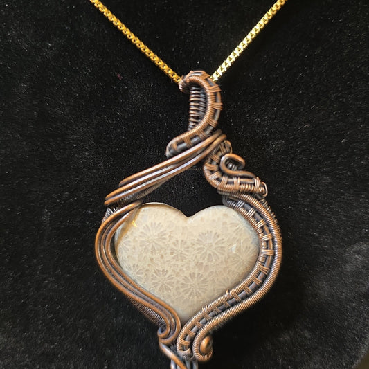 Coral Agate Fossil Heart Wire Wrapped Pendant – Handcrafted Natural Stone Jewelry