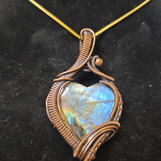 Rainbow Heart Labradorite Copper Wire Wrapped Pendant
