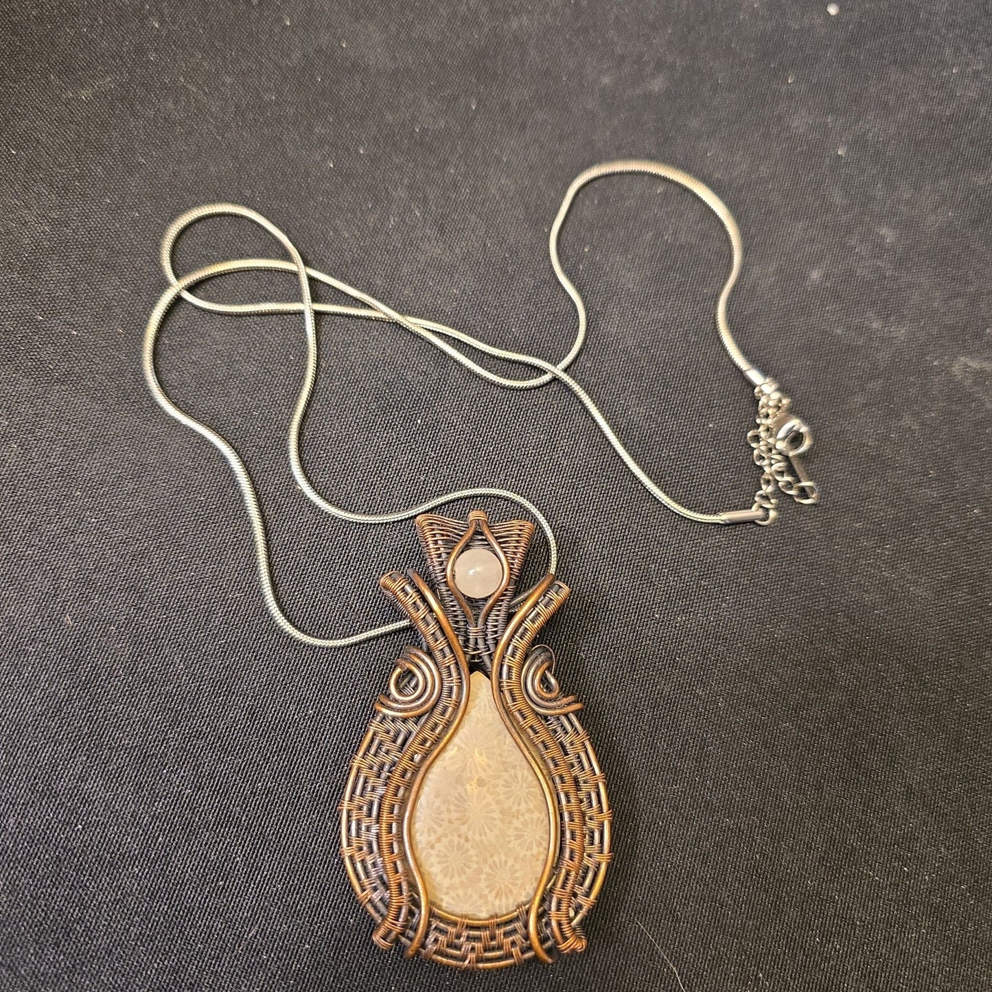 Coral Agate Fossil Wire Wrapped Pendant