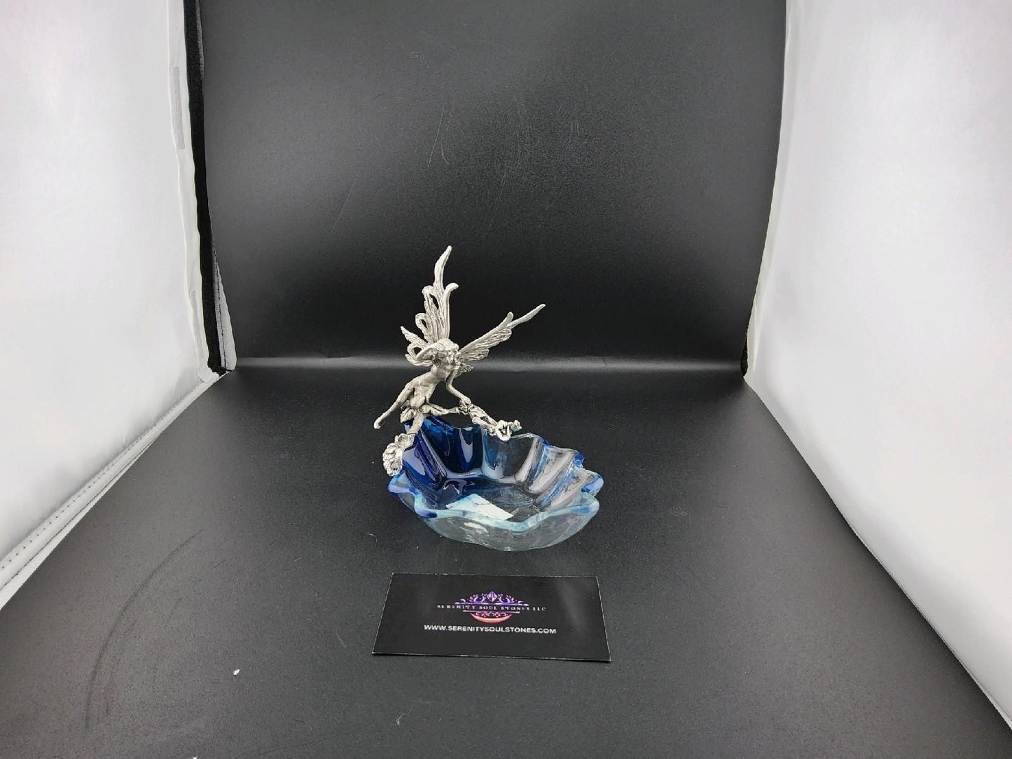 Exhausted Pewter Fairy with Blue Glass Figurine – 6 Inch (Approx.)