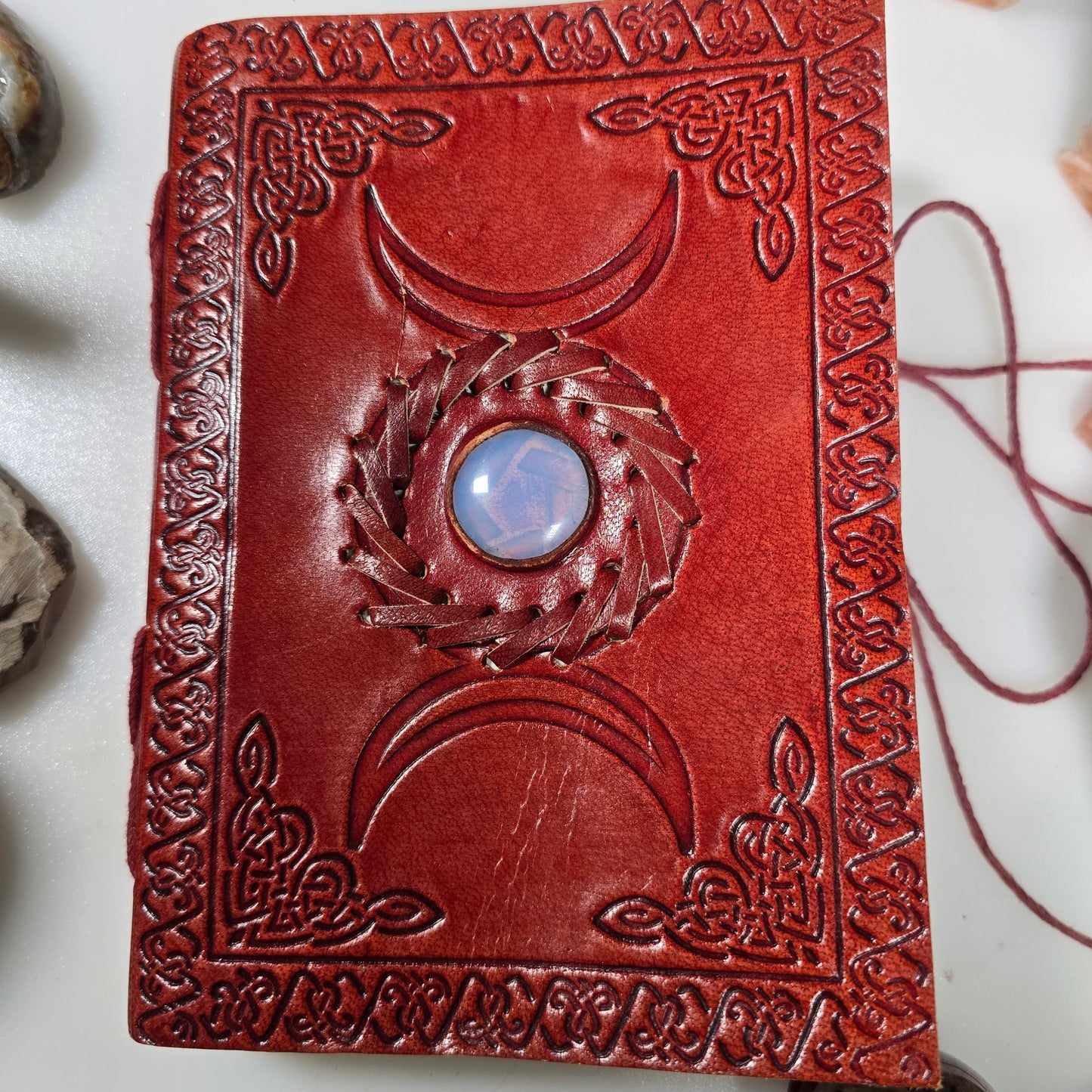 Triple Moon Embossed Leather Journal with Genuine Center Stone