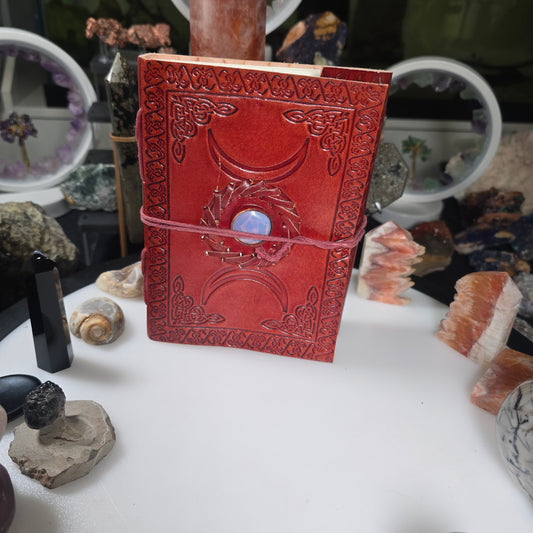 Triple Moon Embossed Leather Journal with Genuine Center Stone