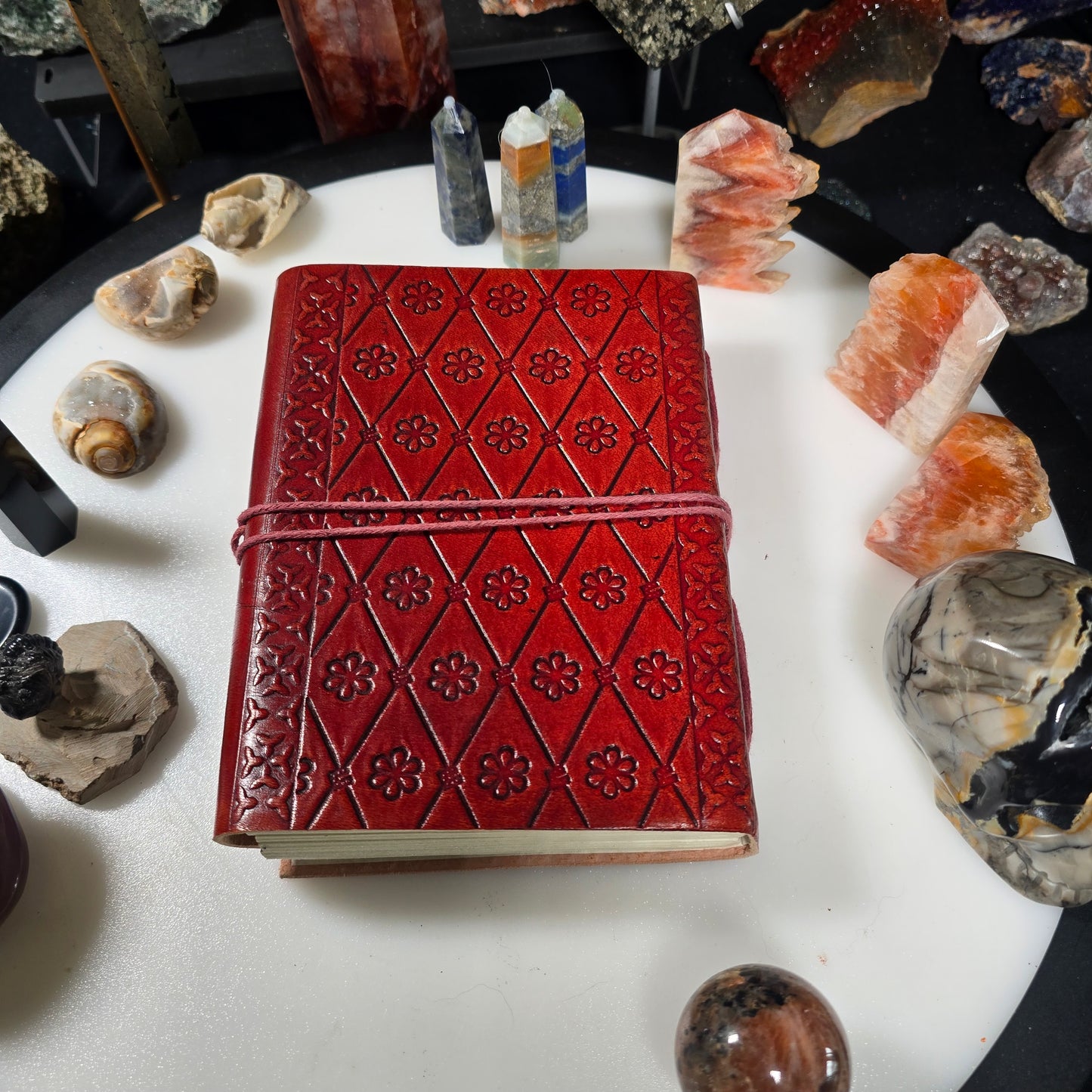 Triple Moon Embossed Leather Journal with Genuine Center Stone