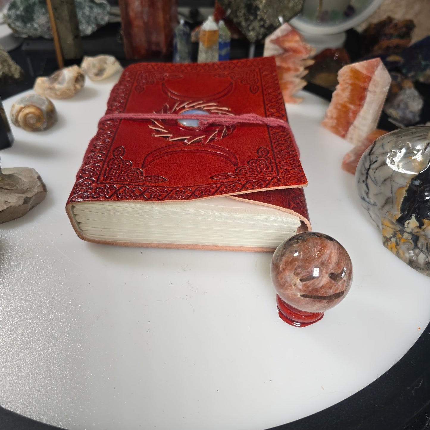 Triple Moon Embossed Leather Journal with Genuine Center Stone